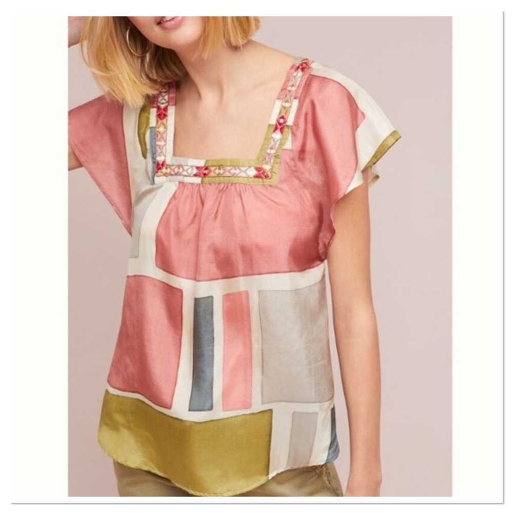 Anthropologie Akemi + Kin Silk Mirrored Blouse Green Pink Size Small